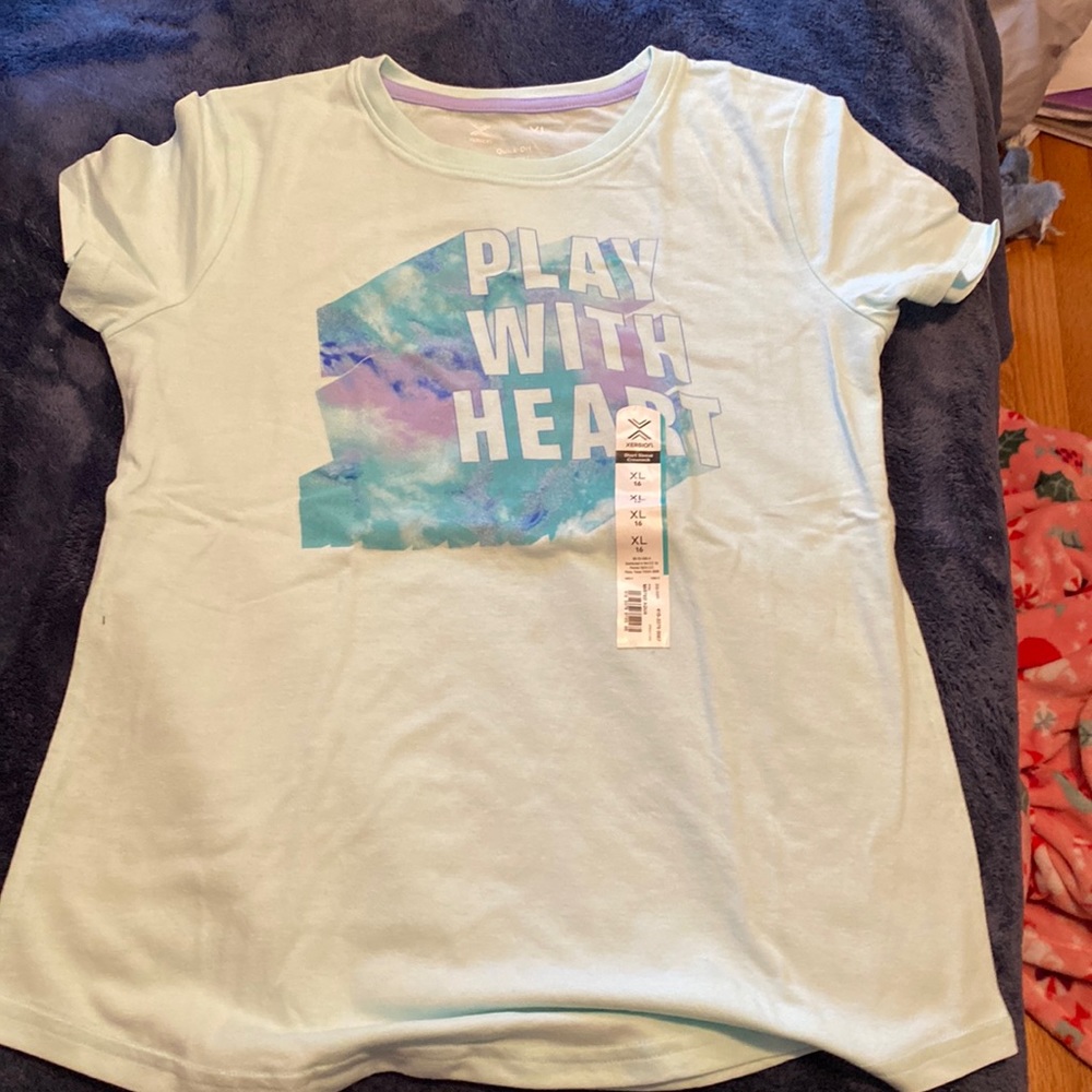 xersion play with heart teal shirt